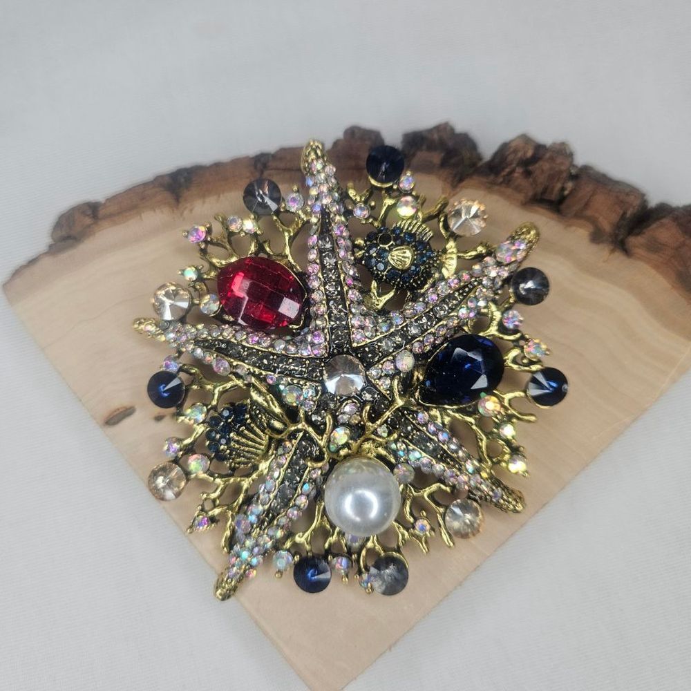 Huge 3" Coral Reef Starfish, Shell, Fish, Pearl Ocean Gold Tone Brooch Pin EUC